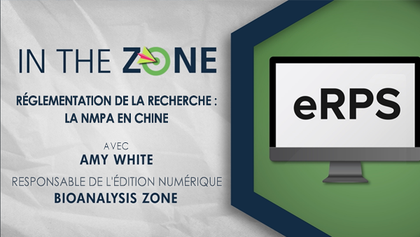 Miniature de vidéo avec texte : In the Zone Réglementation des recherches : la NMPA en Chine avec Amy White, rédactrice Web : Bioanalysis Zone avec écran d'ordinateur avec « eRPS » dessus (côté droit de l'image)